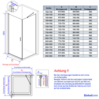 Cabine de douche d'angle avec porte et panneau latéral fixe, hauteur 185cm/195cm