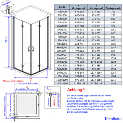 Cabine de douche EMKE avec double portes pliantes, hauteur : 185 cm/195 cm