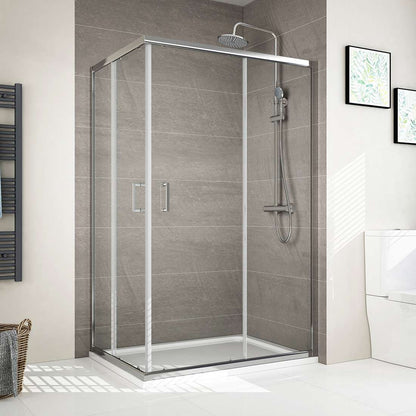 Cabine de douche d'angle avec deux portes coulissantes, verre trempé, hauteur 185 cm/195 cm