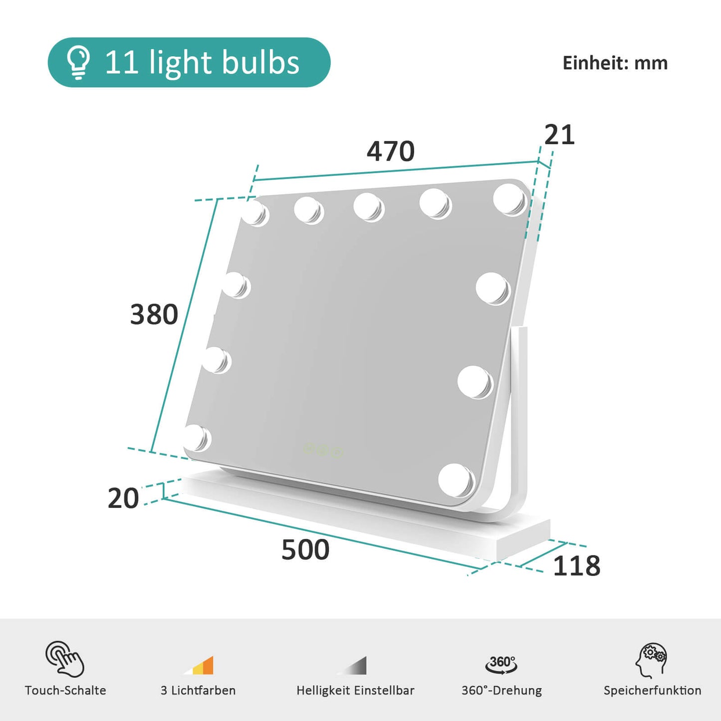 EMKE CM10 Hollywood miroir cosmétique avec éclairage, 3 couleurs de lumière, grossissement 7x