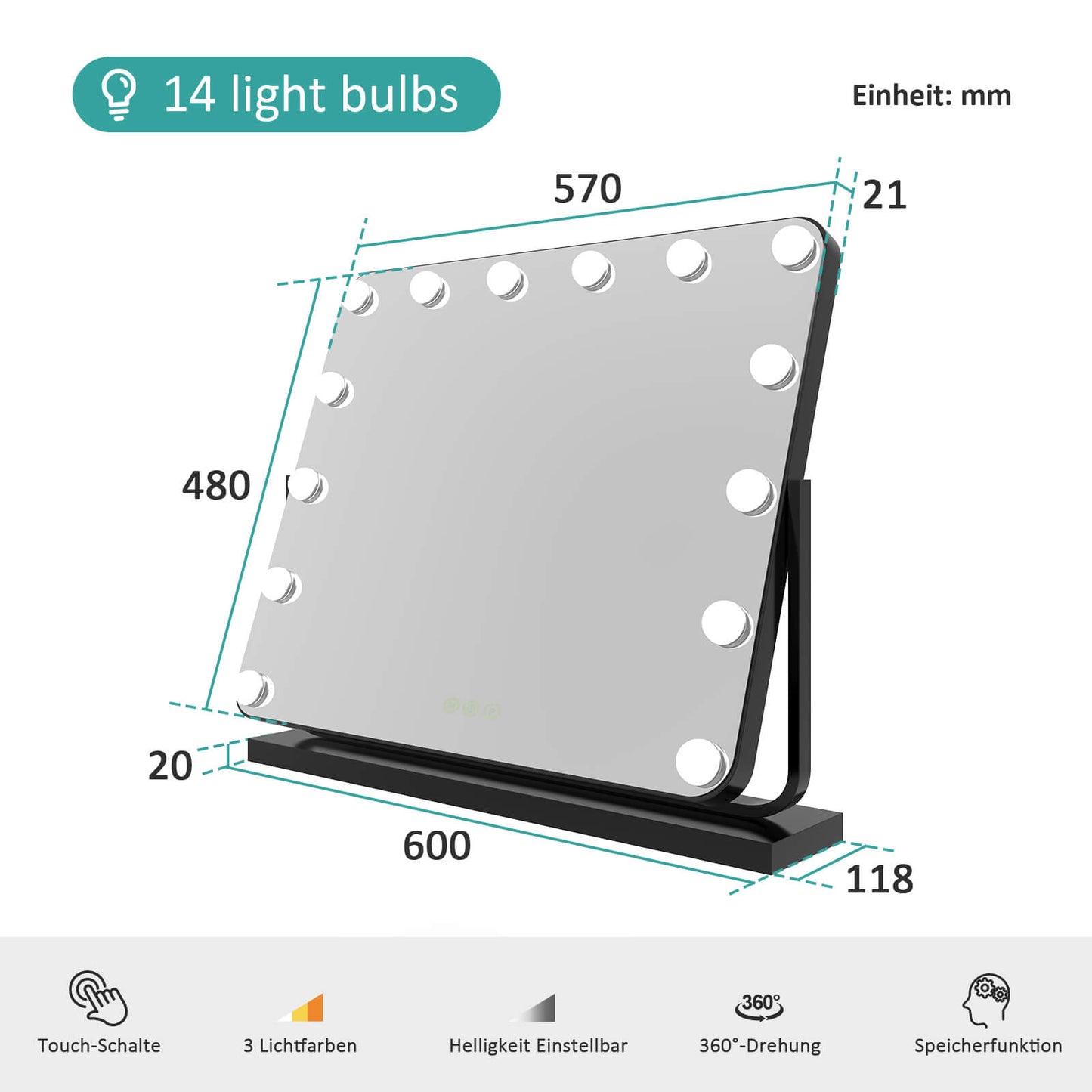 EMKE CM10 Hollywood miroir cosmétique avec éclairage, 3 couleurs de lumière, grossissement 7x