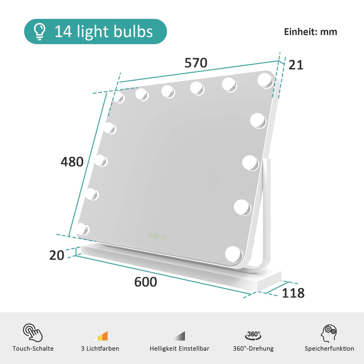 EMKE CM10 Hollywood miroir cosmétique avec éclairage, 3 couleurs de lumière, grossissement 7x