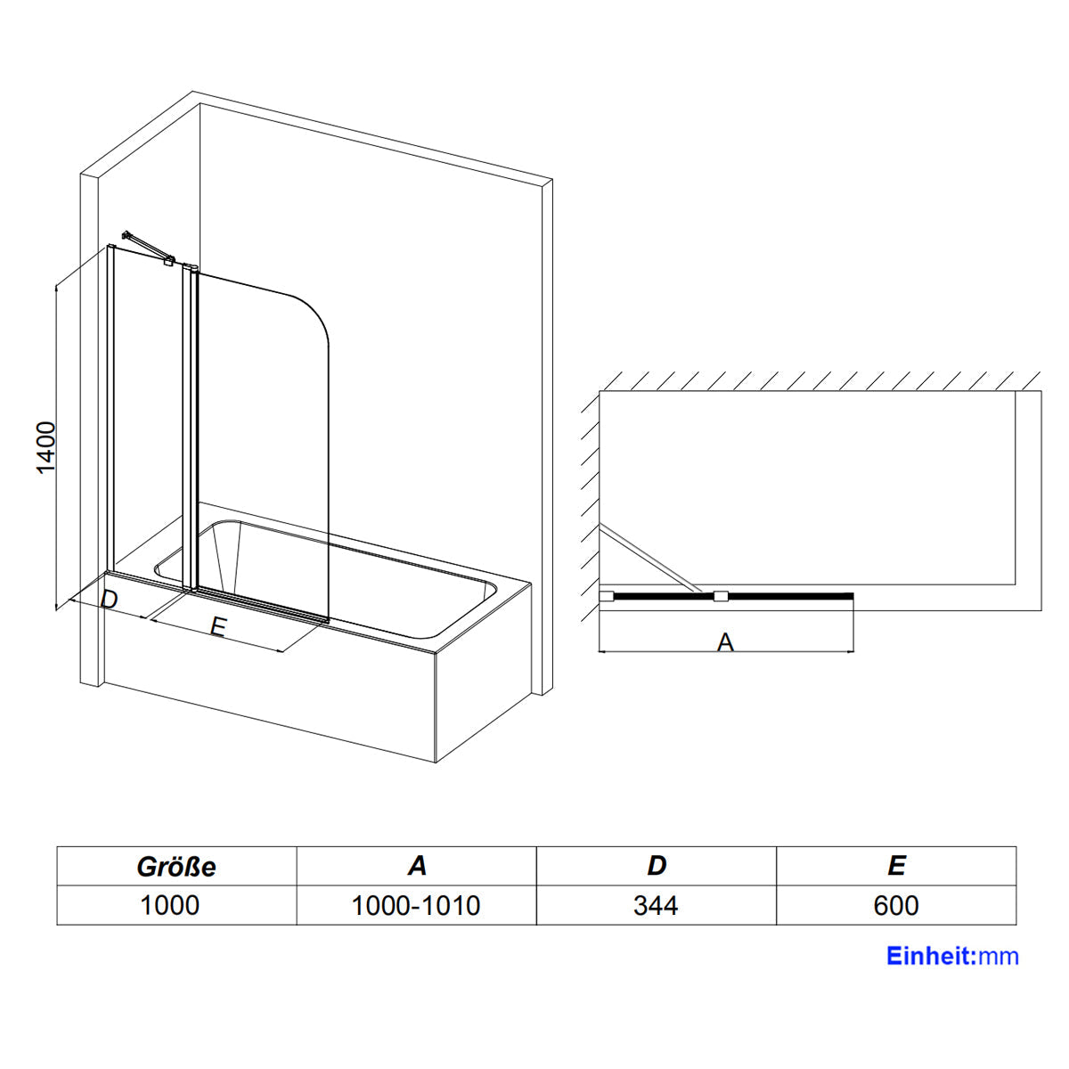 Paroi de douche EMKE pour baignoire (avec fonction pivotante, dimensions : 100cmx140cm)