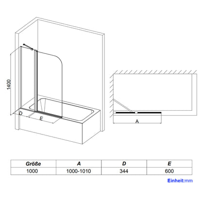 Paroi de douche EMKE pour baignoire (avec fonction pivotante, dimensions : 100cmx140cm)