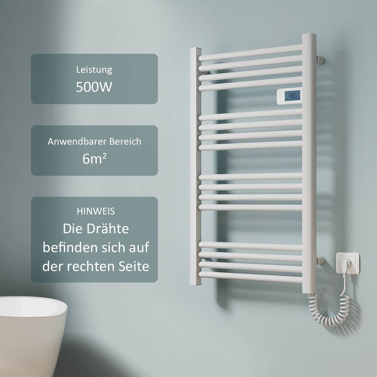 Radiateur de salle de bain EMKE PTR avec résistance chauffante pour fonctionnement purement électrique, 960x540 mm, 500 watts