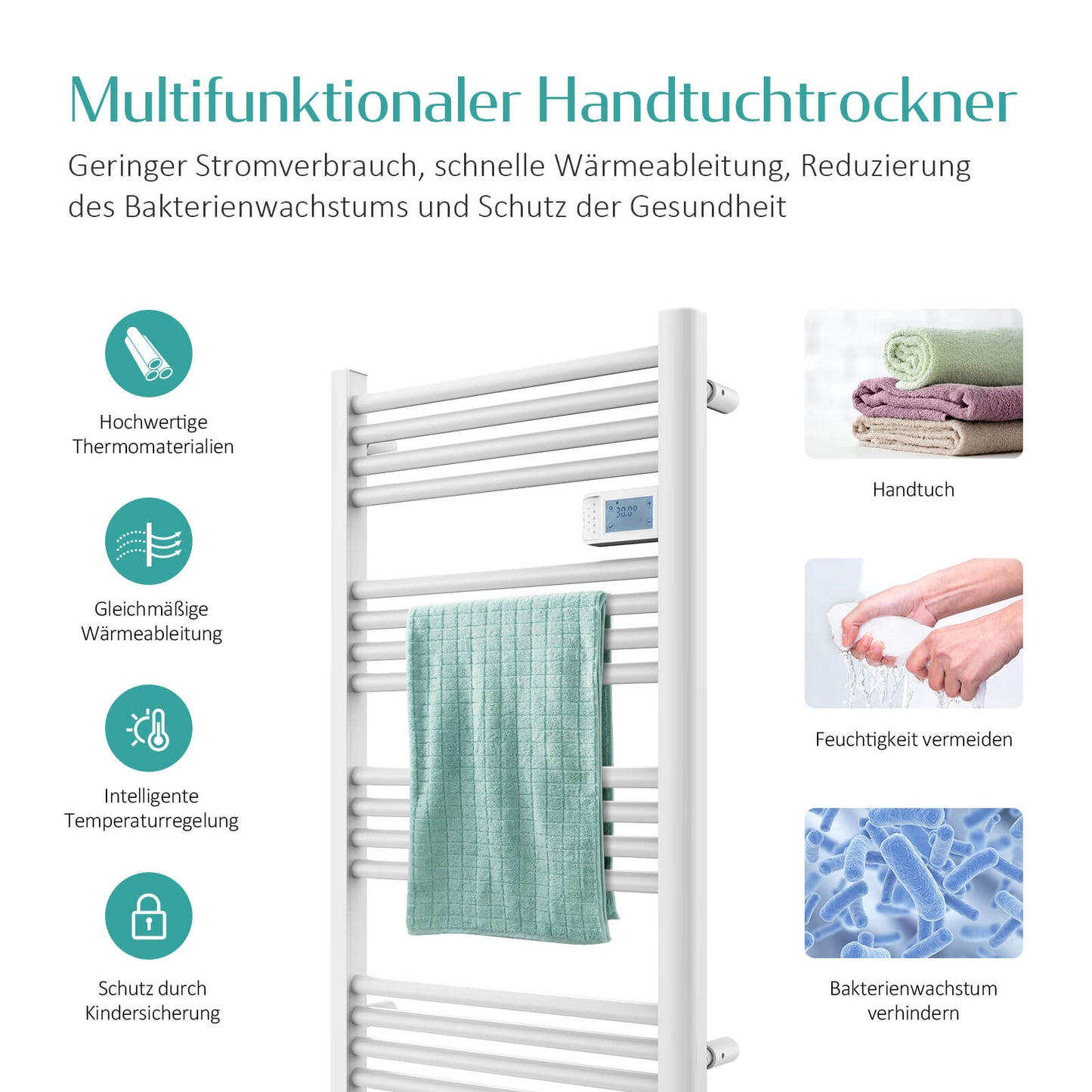 Radiateur de salle de bain EMKE PTR avec résistance chauffante pour fonctionnement purement électrique, 960x540 mm, 500 watts