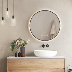 EMKE OLM09 miroir de salle de bain rond LED, horloge, antibuée, blanc chaud (4300K), dimmable, Ø60/70/80 cm