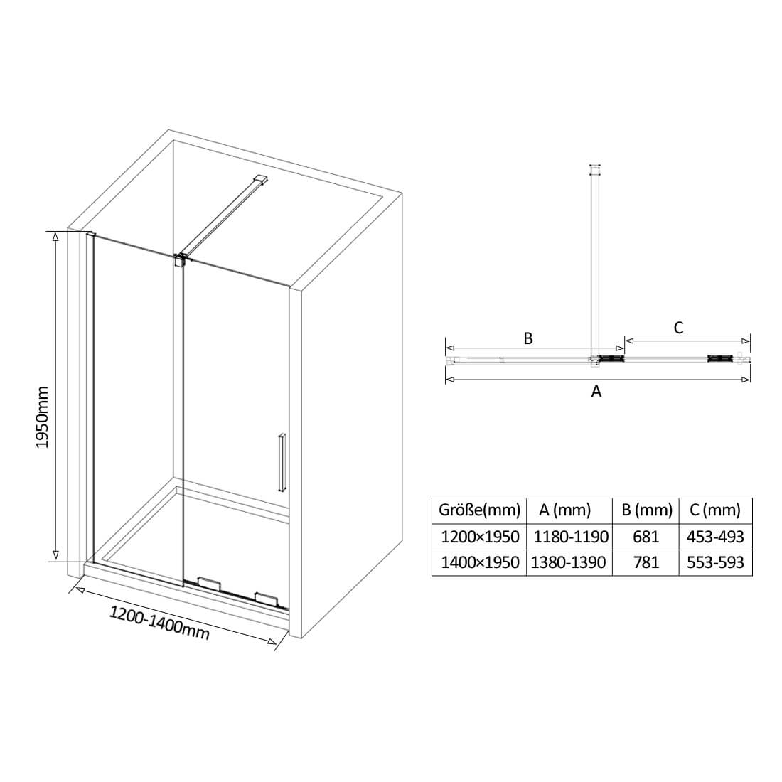 Cabine de douche EMKE à portes coulissantes (noir ou chrome, hauteur : 195 cm)