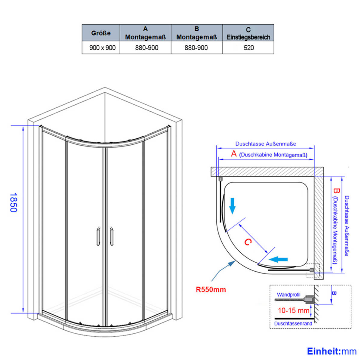 Cabine de douche quart de cercle à porte coulissante, blanc/noir, hauteur 185 cm
