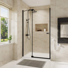 Cabine de douche à porte pliante EMKE en verre au design moderne (noir/chrome)