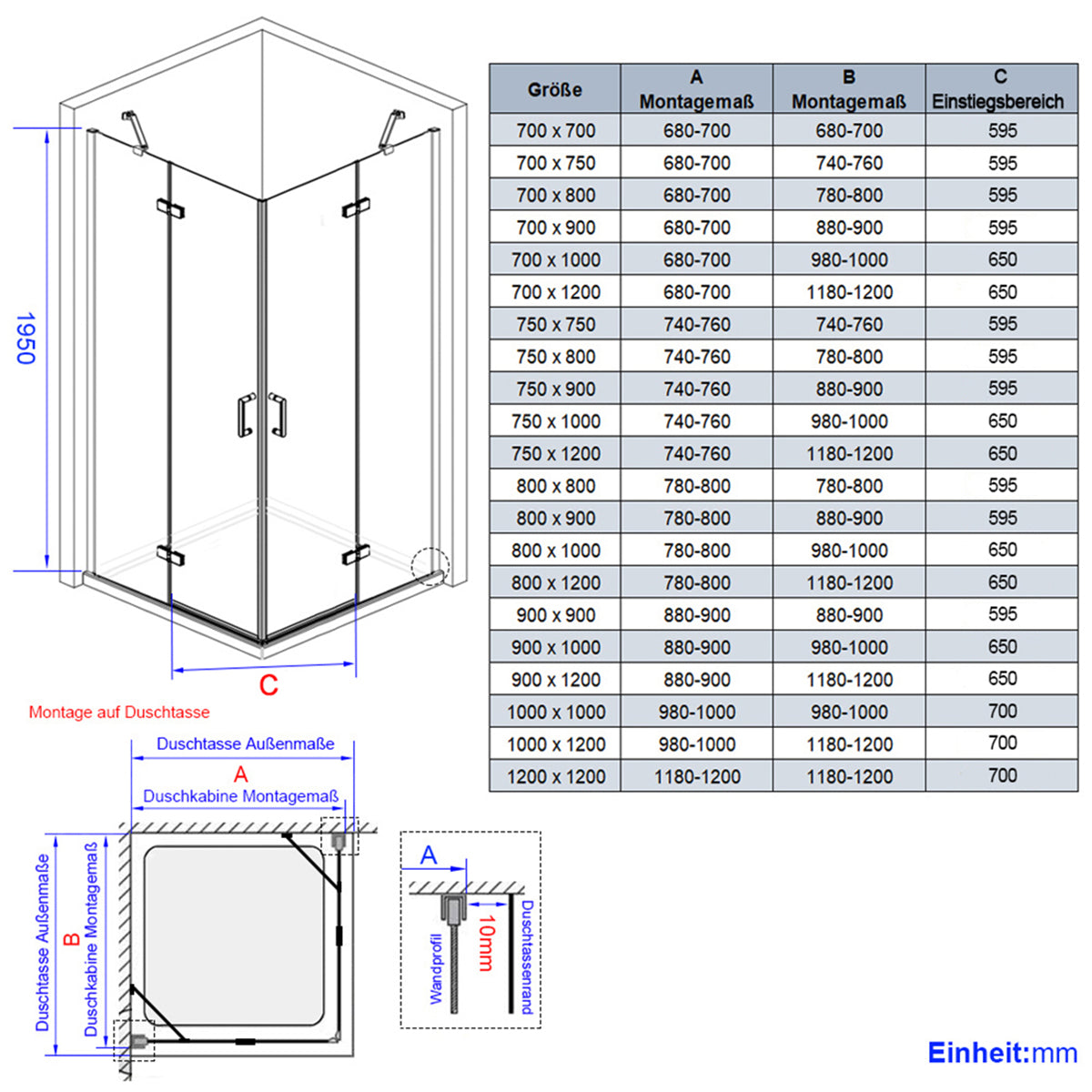 Cabine de douche d'angle sans cadre EMKE avec portes battantes et barres de support, hauteur 185 cm/195 cm